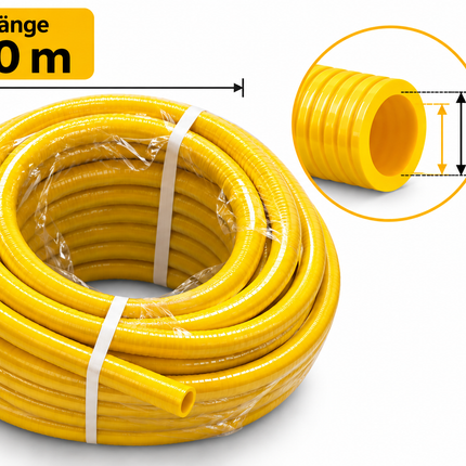 Wasserschlauch aus PVC
flexibler mehrschichtiger gelber PVC-Schlauch · Festigkeitsträger: Trikot Gewebe
Decke: Weich-PVC, sehr gute UV-Beständigkeit
Seele: Weich-PVC
Temperaturbereich: -15 °C bis +60 °