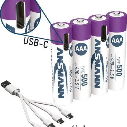 ANSMANN Akkuzelle 1,5V 400 mAh Micro AAA Li-Ion mit USB-C Ladeport (4er)
