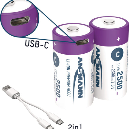 ANSMANN Akkuzelle 1,5V 2300 mAh Baby C Li-Ion mit USB-C Ladeport (2er)
