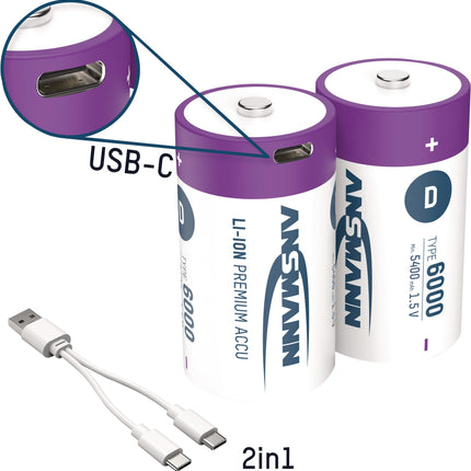 ANSMANN Akkuzelle 1,5V 5400 mAh (2er-Pack) – Li-Ion mit USB-C-Ladeport, Ersatz für Einwegbatterien
