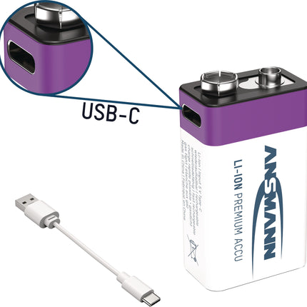ANSMANN 9V E-Block Akku Li-Ion 340 mAh mit USB-C Ladeport, Ersatz für Einwegbatterien