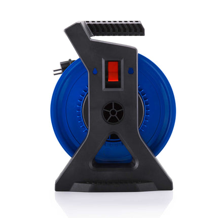 HEDI Vollkunststoff-Kabeltrommel Generation 7 Coworker Ø 250 mm, H05VV-F 3G1,5 mm² in schwarz, offene 4-fach Schutzkontakt-Steckdose 250 V, Thermoschutzschalter, Schutzart IP20