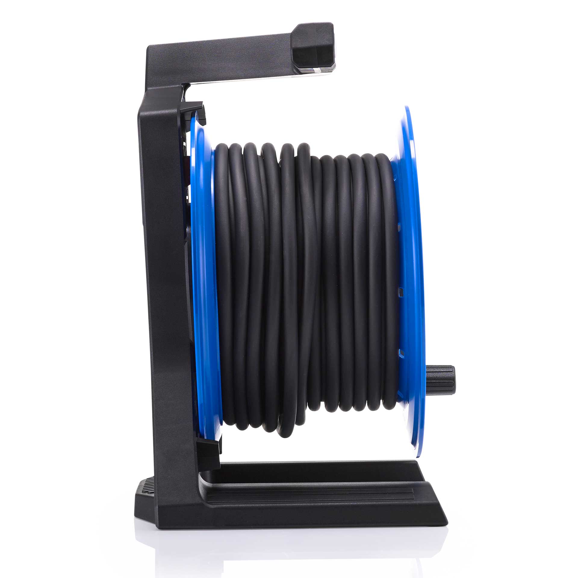 HEDI Vollkunststoff-Kabeltrommel Generation 7 Coworker Ø 250 mm, H05VV-F 3G1,5 mm² in schwarz, offene 4-fach Schutzkontakt-Steckdose 250 V, Thermoschutzschalter, Schutzart IP20