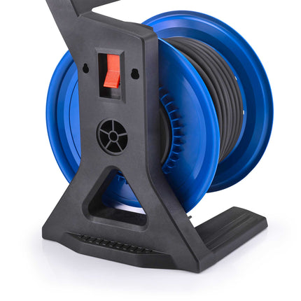 HEDI Vollkunststoff-Kabeltrommel Generation 7 Coworker Ø 250 mm, H05VV-F 3G1,5 mm² in schwarz, offene 4-fach Schutzkontakt-Steckdose 250 V, Thermoschutzschalter, Schutzart IP20