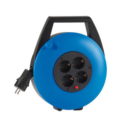 HEDI Kabelbox in blau, 10 m H05VV-F 3G1,5 mm² in schwarz, GS geprüft, offene 4-fach Schutzkontakt-Steckdose, Thermoschutzschalter, Schutzart IP20