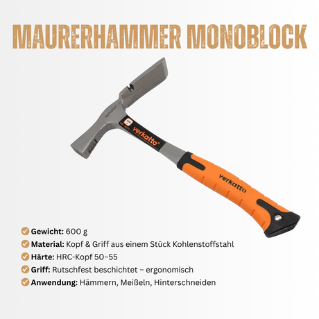 Berliner Maurerhammer 600g Stahlrohrstiel mit Fiberglas Griff